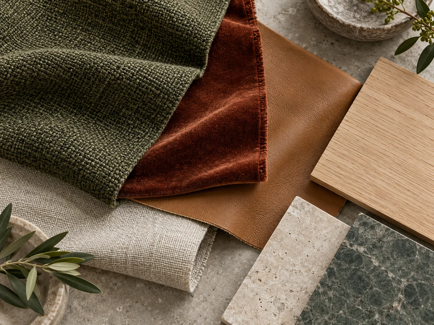 Fabric, leather, wood and stone reference samples