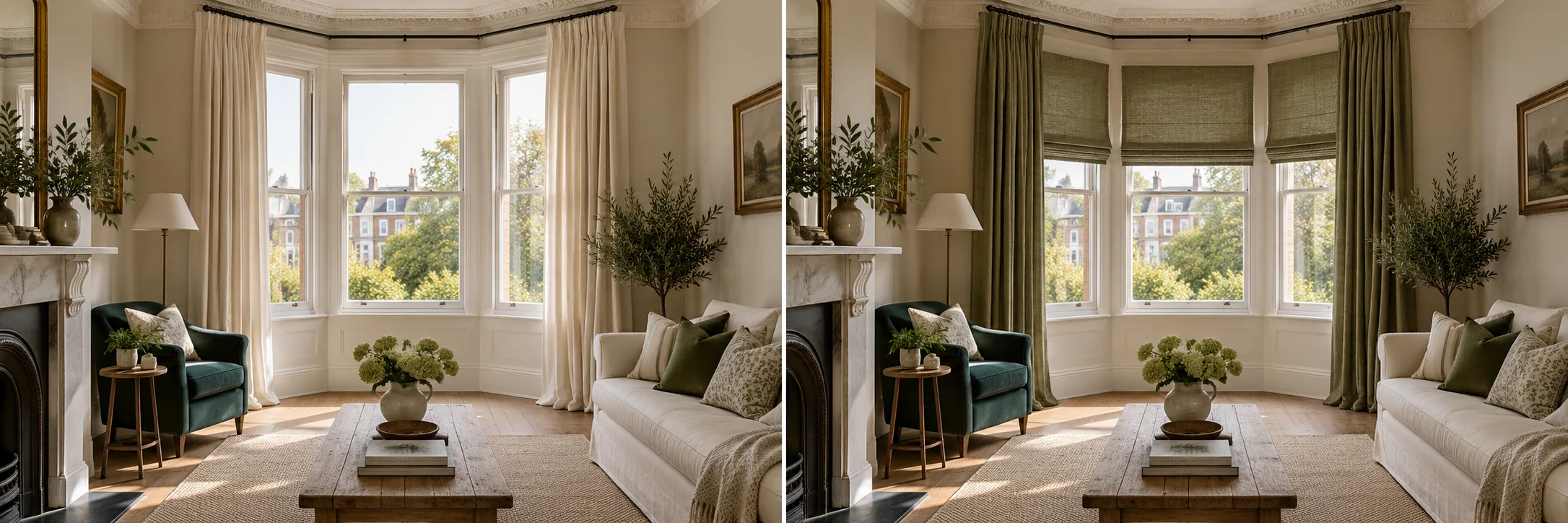 The same room with cream curtains and olive curtains with Roman blinds